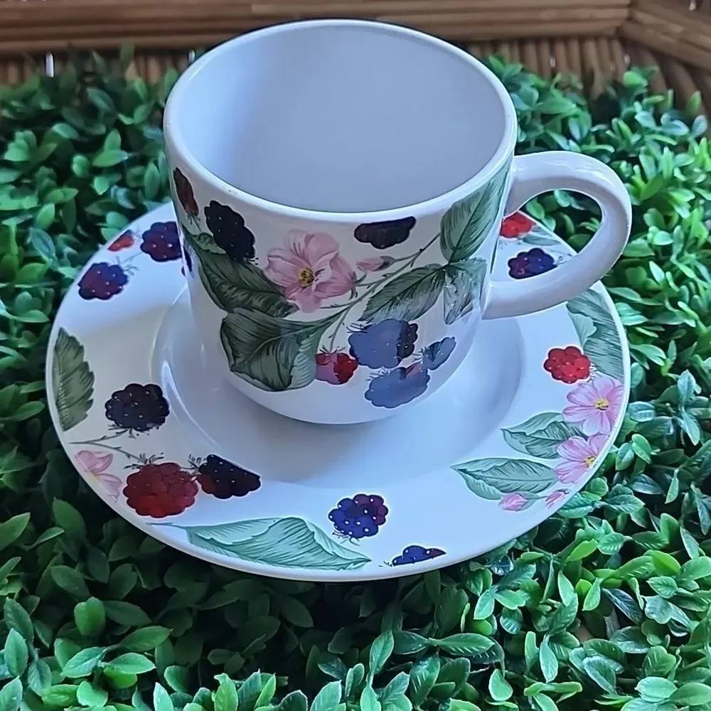 Vintage Stoneware Berries Teacup & Saucer Cottage Core Farmhouse Chic
